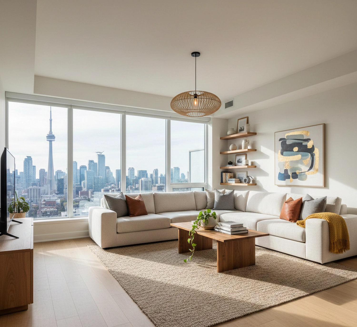 Bright Toronto apartment living room with comfortable sofa and warm wooden accents