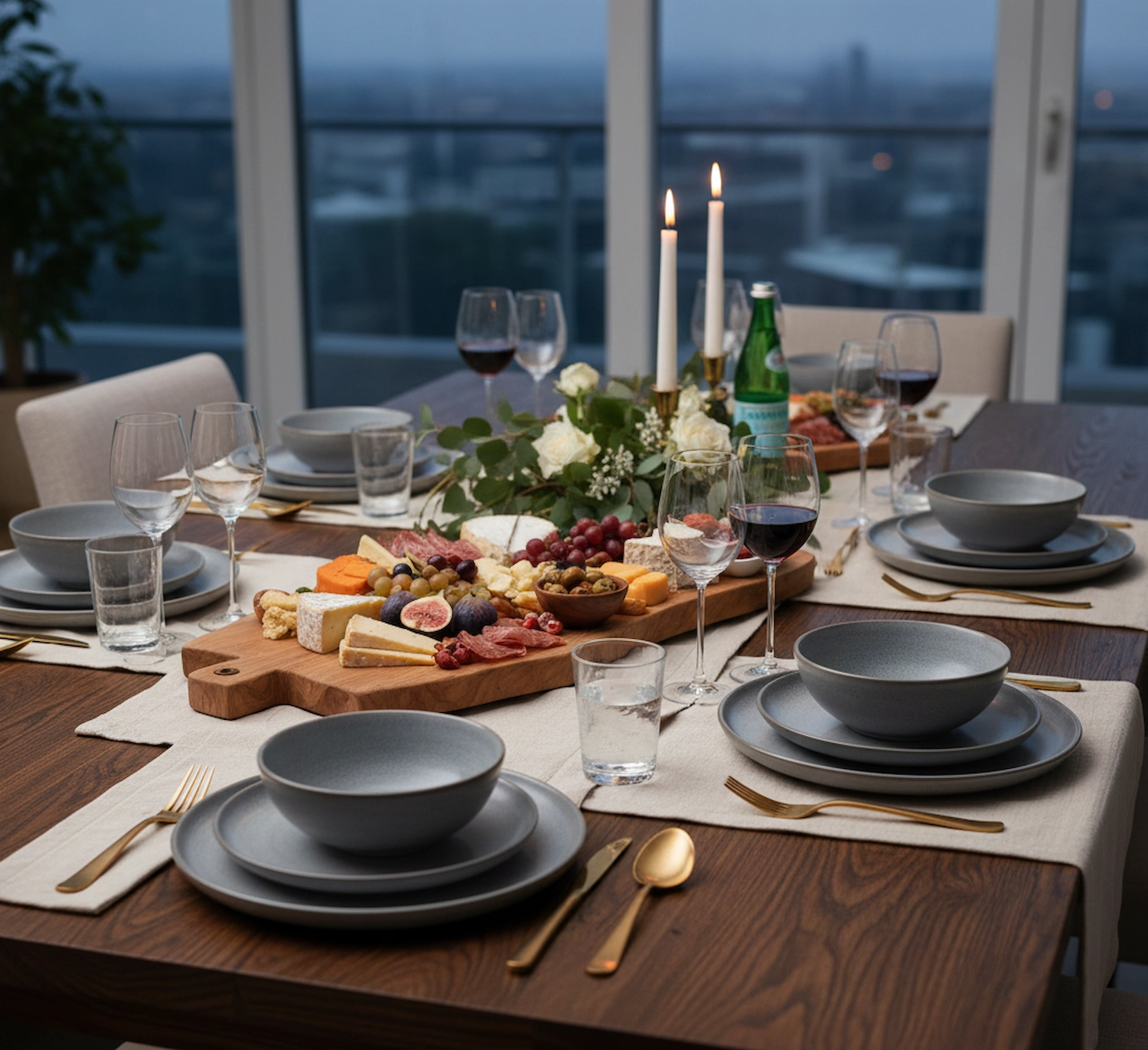 Elegant dining table setting with ceramic plates and wooden serving boards