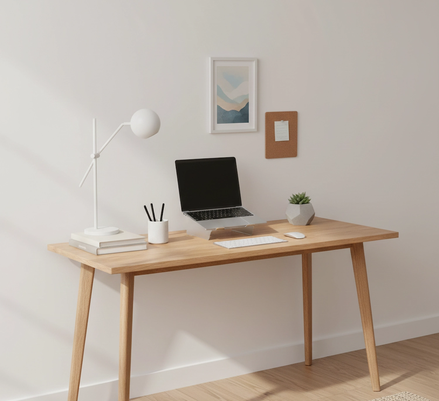 Organized home office desk with natural wood finish and minimalist accessories